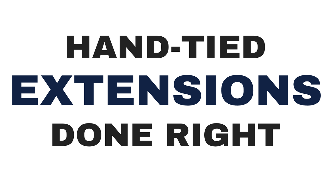 Blog header image showing title text about hand-tied extensions consultation at Eleven11 Hair Studio Rolling Meadows on cream